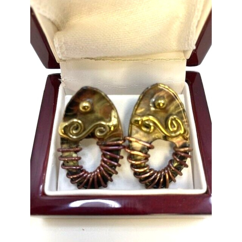 Vintage Oval Steam Punk Modernist Copper Wire Earrings 1 in - Picture 2 of 6